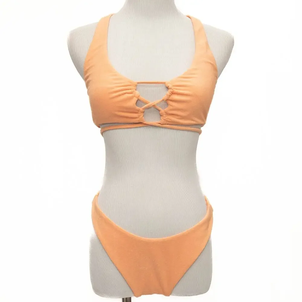 New Free People L*Space Tangy Terry Dax Top Cabana Bitsy Bikini Bottom Size L